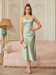 2024 New 3 Styles Simple Satin Bridesmaid Dress Cowl Neckline with Tieing Thin Straps Evening Dress Leg Slit A-line Prom Dress SHOWLU FASHION STORE