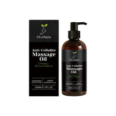 An OceAura anti-cellulite massage oil bottle and its matching box on a white background.