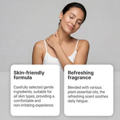 A woman with her eyes closed touches her neck above two white text boxes describing skin benefits.