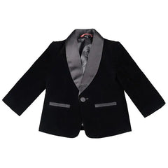 A black velvet blazer for boys featuring a satin shawl collar and a single-button closure.