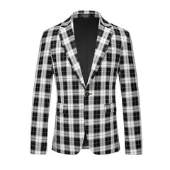 A single-breasted men's blazer featuring a black and white plaid pattern.