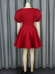 Luxury A Line Dress for Women O Neck Short Lantern Sleeves with Rhinestone Solid Elegant Classy Evening Party Celebrate Prom New