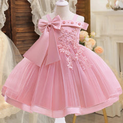 Elegant Bow Flower Party Girsl Dress Summer Tulle Bridemaid Wedding Princess Prom Dress Birthday Kids Clothes Christmas Costume