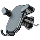 A black gravity car phone holder with an air vent hook and adjustable mounting arms.