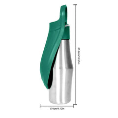 A stainless steel portable pet water bottle with a green silicone drinking bowl attachment.