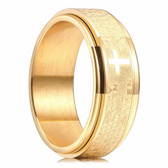 Gold stainless steel spinner ring with Christian cross and religious text.