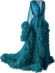 Sexy deep V-neck tulle maternity dress with lace hollow details, long sleeves, feather accents, perfect for photoshoots by Showlu Fashion.