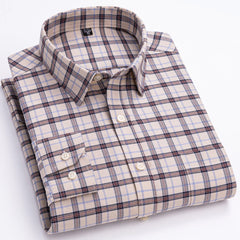 100% Pure Cotton Oxford Men's Shirts Long Sleeve Plaid Soft Regular Fit Formal Dress Shirt Social Blouse Male Clothes 6XL 7XL