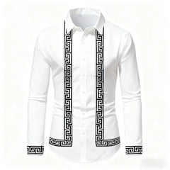 Men's Retro Geometric Print Long-Sleeve Shirt, Stylish Black and White Color-Blocked Slim Fit Shirt, Casual and Versatile Top