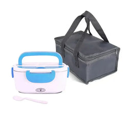 A white and blue electric lunch box with a matching spoon and a grey insulated carrying bag.