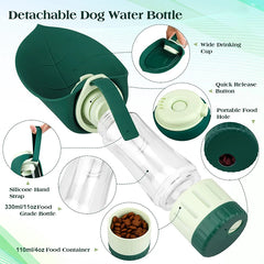 A portable 2-in-1 dog water bottle and food container with a leaf-shaped drinking cup.