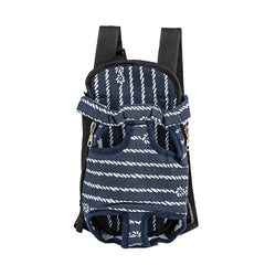 A navy blue pet carrier backpack with a white rope pattern and adjustable shoulder straps.