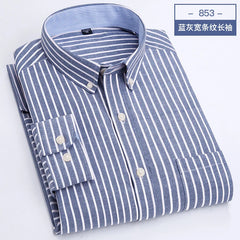 A folded men's long-sleeve button-down shirt featuring a blue and white vertical striped pattern.