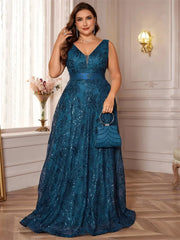 Lucyinlove Plus Size Luxury Deep V-Neck Sequins Blue Evening Dress Women Elegant V-back Wedding Party Long Prom Cocktail Dresses SHOWLU FASHION STORE