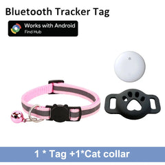 A white Bluetooth tracker with a black paw-print silicone holder and a pink reflective cat collar.