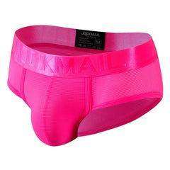 A pair of bright pink JOCKMAIL men's mesh bikini briefs with a branded elastic waistband.
