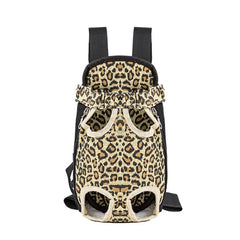 A leopard print pet carrier backpack with leg holes and adjustable straps for small dogs or cats.