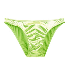A pair of lime green men's bikini briefs made from a smooth, shiny satin fabric.