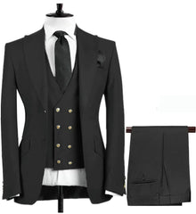 A black three-piece men's suit featuring a single-breasted blazer, double-breasted vest, and pants.