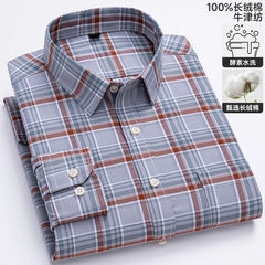 100% Pure Cotton Oxford Men's Shirts Long Sleeve Plaid Soft Regular Fit Formal Dress Shirt Social Blouse Male Clothes 6XL 7XL
