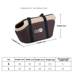A brown and beige pet carrier bag with a size chart showing dimensions for small and large sizes.