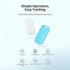 Two small, rectangular Bluetooth trackers in white and light blue are displayed against a light background.