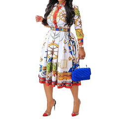 Women Flip Collar A-Line Dress Printed Fashionable Elegant High Waisted Casual Spring Plus Size Slim Breasted Dress 2024 New