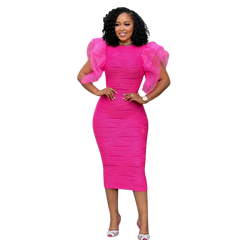 A woman wears a hot pink, mid-calf bodycon dress with ruffled butterfly sleeves and a round neck.