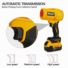 A yellow cordless electric blower with a 20V battery and variable speed trigger.