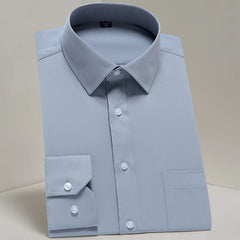 A light blue long-sleeve button-up dress shirt with a square collar and a chest pocket.