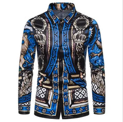 A long-sleeved men's button-down shirt featuring a vibrant blue and black baroque print.