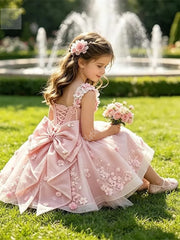 3D Floral with Bow Luxury Flower Girl Dress Wedding Thin Strap Backless Knee-Length Kid Pageant Party Birthday Event Dress