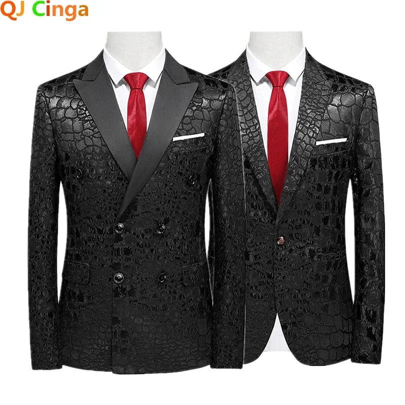 Two black men's suit jackets with a textured crocodile pattern, featuring notched lapels and red ties.