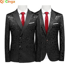 Two black men's suit jackets with a textured crocodile pattern, featuring notched lapels and red ties.