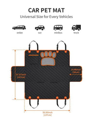 A black waterproof dog car seat cover with orange trim and a paw-shaped mesh window.