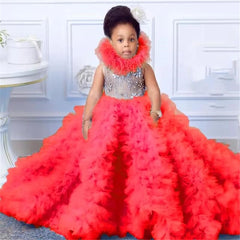 Gorgeou Flower Girls Dress Little Baby Girl Sky Blue Tulle Fluffy Applique for Party Kids Wedding Ball Birthday Evening Gowns