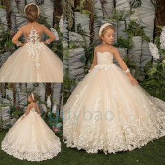 Puffy A-line Lace Flower Girl Dresses Elegant Princess Satin Ball Gown For Kids Birthday Party Simple Bow First Communion Three