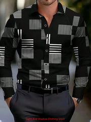 Men's fashionable business casual long sleeved lapel shirt with irregular lines and comfortable printed men's street shirt