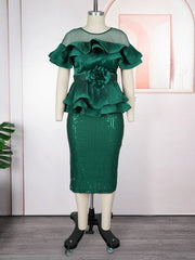 Women Sequin Christmas Party Dresses O Neck Patchwork Mesh Short Sleeve Ruffles Peplum 3D Flower Gowns Wedding Guest Occasion