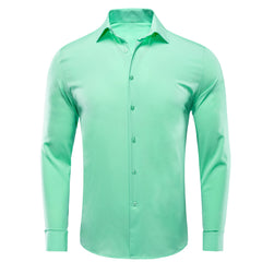 Hi-Tie Plain Solid Silk Men's Shirts Long Sleeve Lapel Dress Suit Shirt Blouse Wedding Business Blue Mint Pink Purple Green Gray