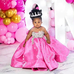 Fuchsia Beading Girl's Birthday Party Dresses Customized Ball Gown Puffy Flower Girl Dress Princess Baby Kids Pageant Gowns