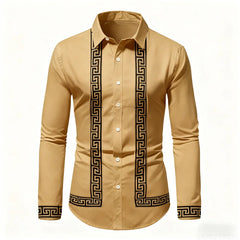 Men's Retro Geometric Print Long-Sleeve Shirt, Stylish Black and White Color-Blocked Slim Fit Shirt, Casual and Versatile Top