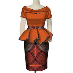 A two-piece set featuring an orange off-shoulder top and a patterned midi skirt with a peplum waist.