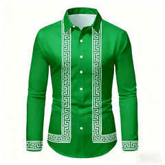 Men's Retro Geometric Print Long-Sleeve Shirt, Stylish Black and White Color-Blocked Slim Fit Shirt, Casual and Versatile Top