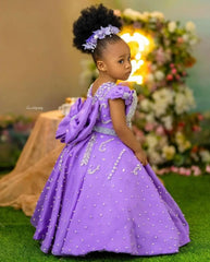 Luxury Lavender Girls Birthday Dress Customized Beading Bow Flower Girl Dresses Queen Ball Gowns for Wedding Party