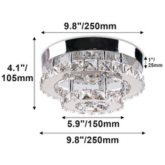 A two-layer crystal flush mount ceiling light with dimensions shown in inches and millimeters.