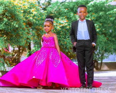 Fuchsia Baby Girl Birthday Party Satin Dress Beaded Lace Appliques Sleeveless Flower Girl Dresses For Wedding Customized