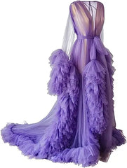 Deep V-neck lace maternity dress with long sleeves, tulle fabric, feather accents, and hollow horn design for photoshoots.