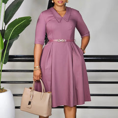Elegant Office Ladies Dress for 2026 New V Neck Half Sleeve Belt Waisted Pleated Mid Calf Professional Female Business Work Robe