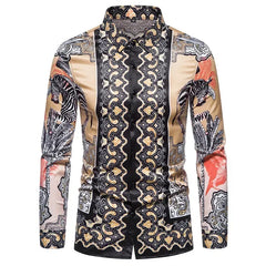 A men's long-sleeve button-down shirt featuring a tan and black baroque print with zebra motifs.